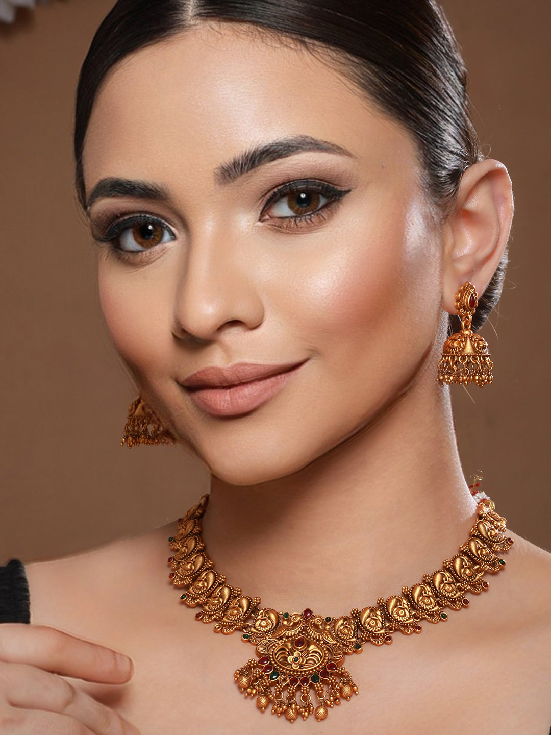 GoldPlated Red Kemp Studded Flower Temple Jewellery Set