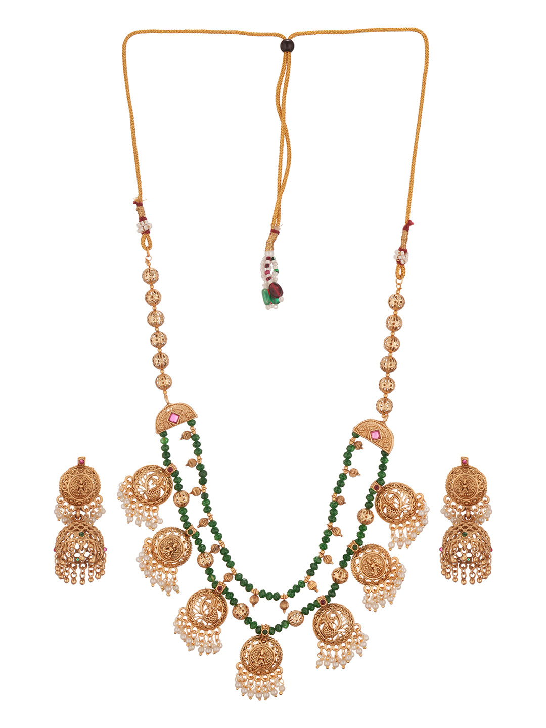 22k Gold Plated Green Beads Double Line Temple Lakshmiji Peacock Jhumka Jewellery Set