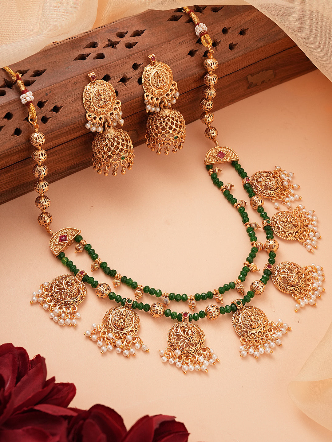 22k Gold Plated Green Beads Double Line Temple Lakshmiji Peacock Jhumka Jewellery Set