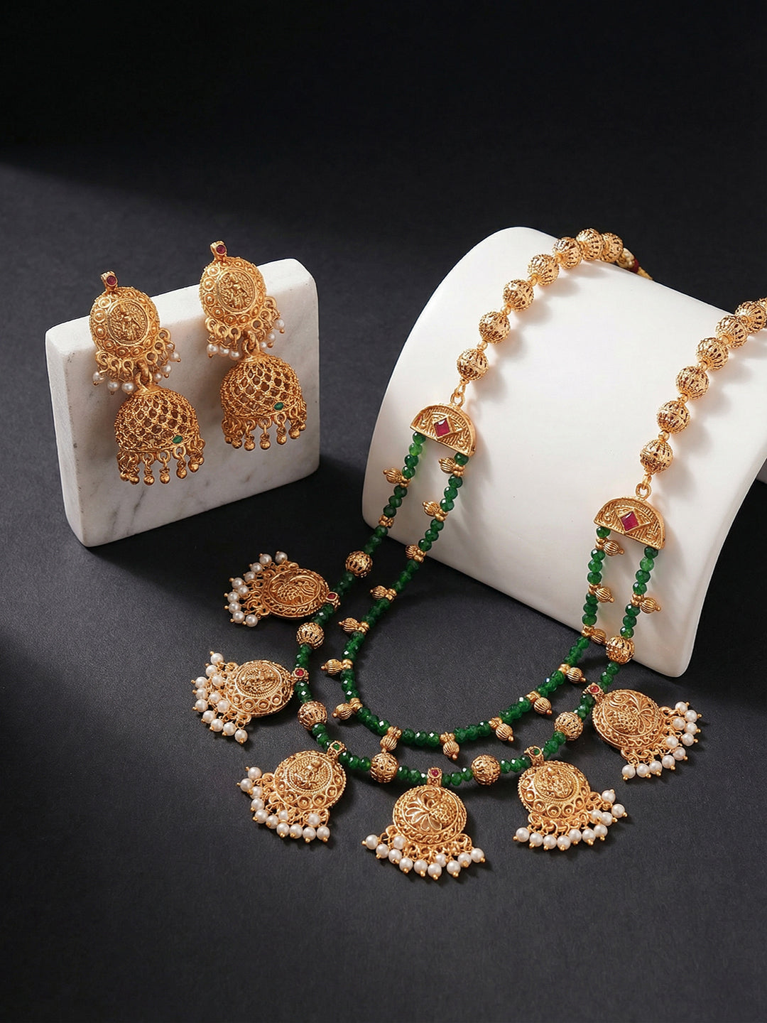 22k Gold Plated Green Beads Double Line Temple Lakshmiji Peacock Jhumka Jewellery Set