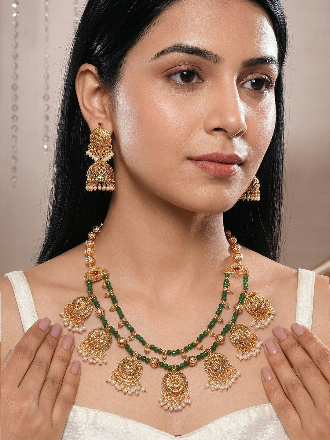 22k Gold Plated Green Beads Double Line Temple Lakshmiji Peacock Jhumka Jewellery Set