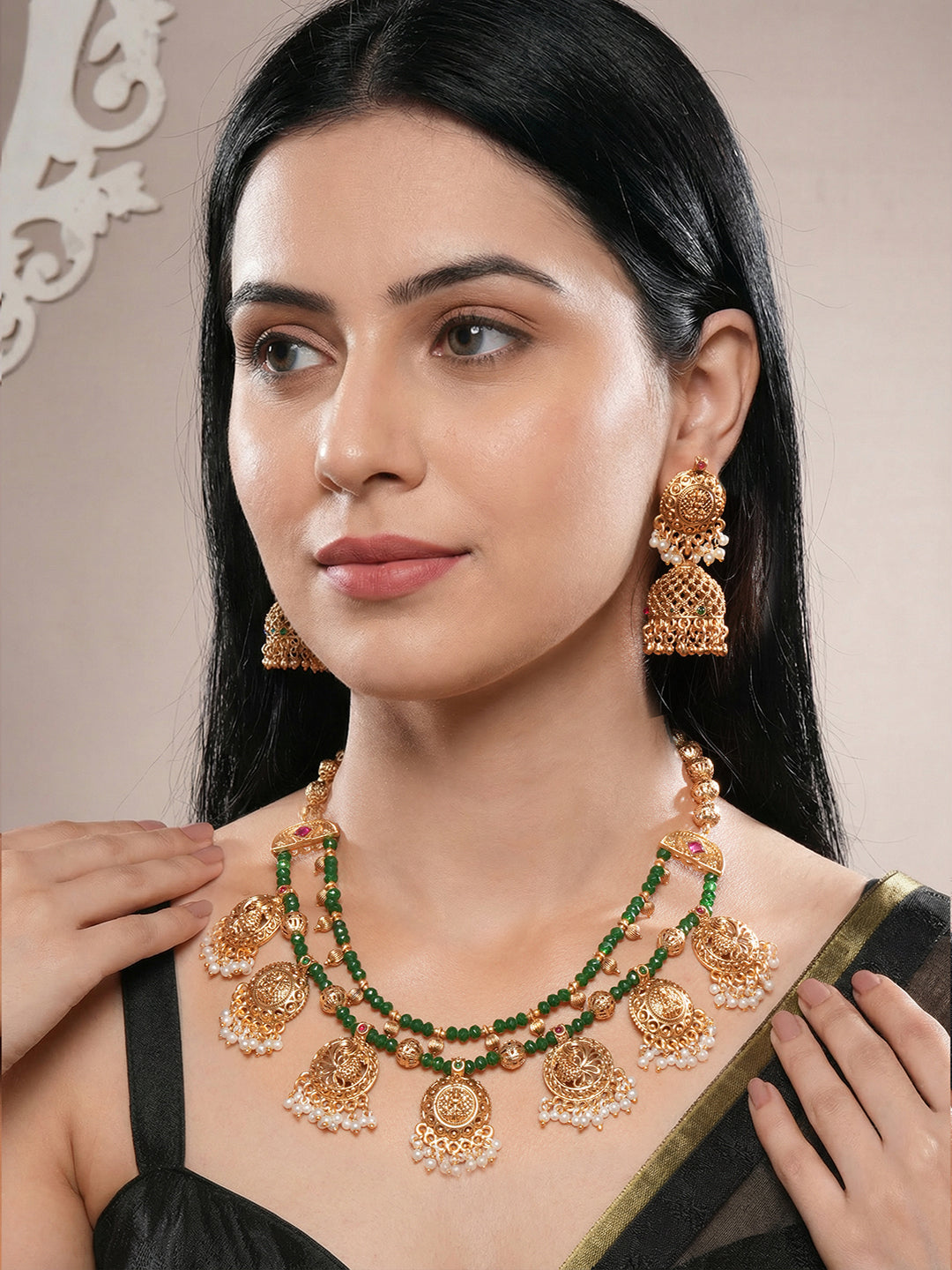 22k Gold Plated Green Beads Double Line Temple Lakshmiji Peacock Jhumka Jewellery Set