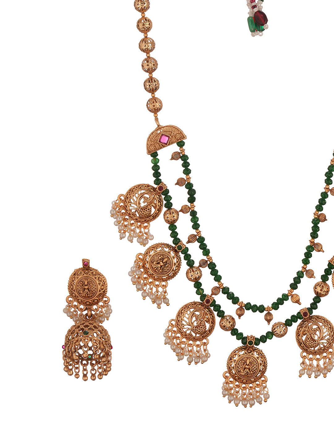 22k Gold Plated Green Beads Double Line Temple Lakshmiji Peacock Jhumka Jewellery Set