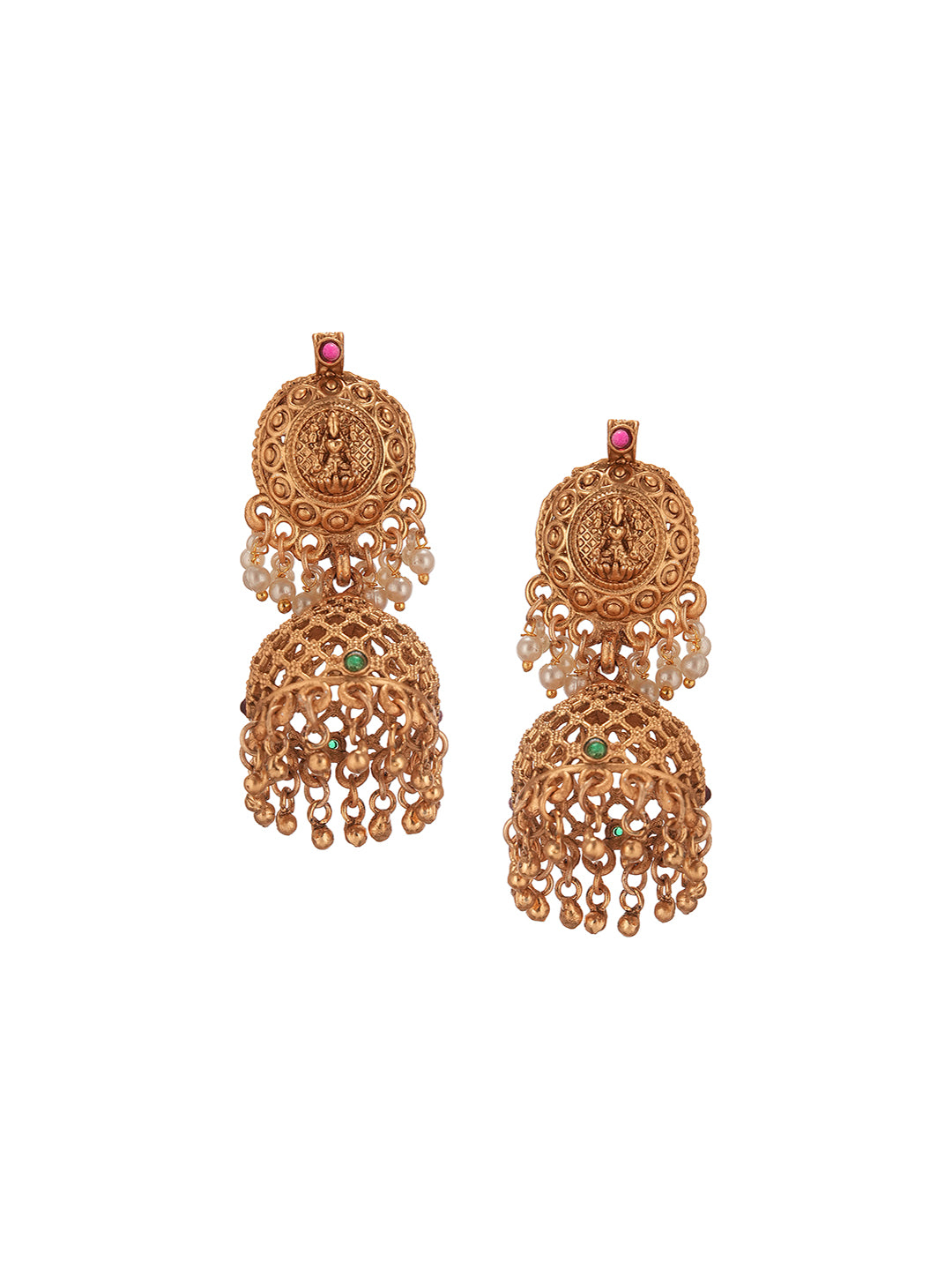 22k Gold Plated Green Beads Double Line Temple Lakshmiji Peacock Jhumka Jewellery Set