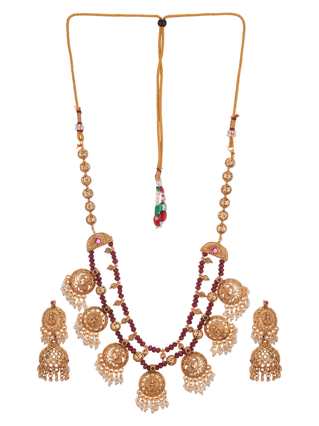 22k Gold Plated Red Beads Double Line Temple Lakshmiji Peacock Jhumka Jewellery Set
