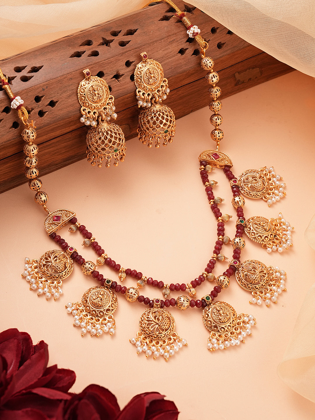 22k Gold Plated Red Beads Double Line Temple Lakshmiji Peacock Jhumka Jewellery Set