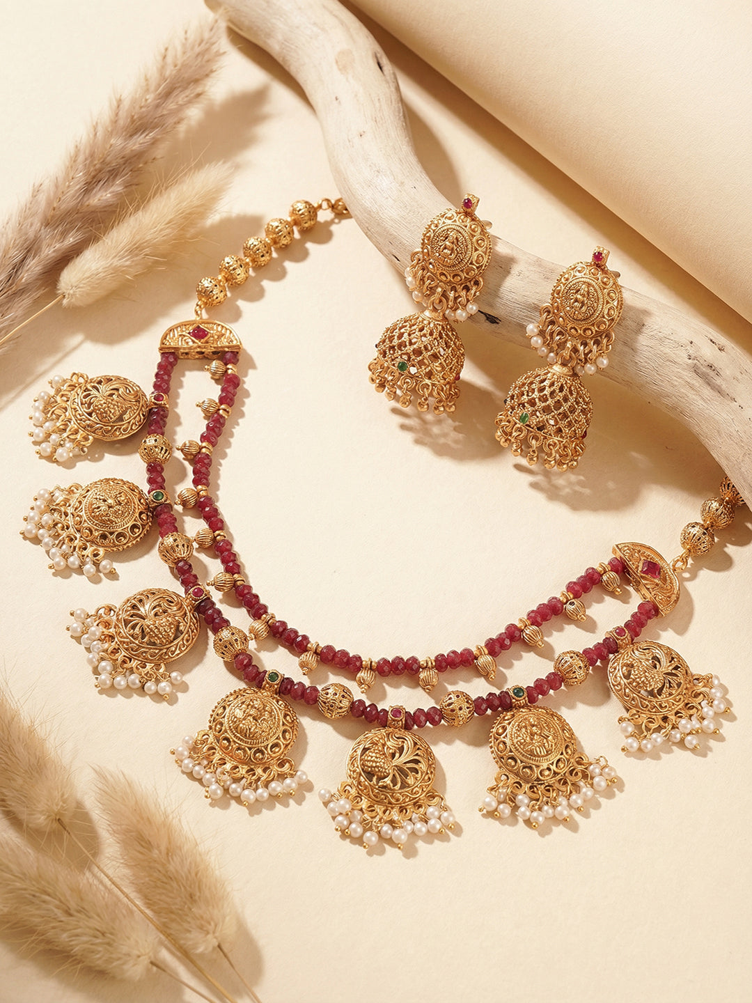 22k Gold Plated Red Beads Double Line Temple Lakshmiji Peacock Jhumka Jewellery Set