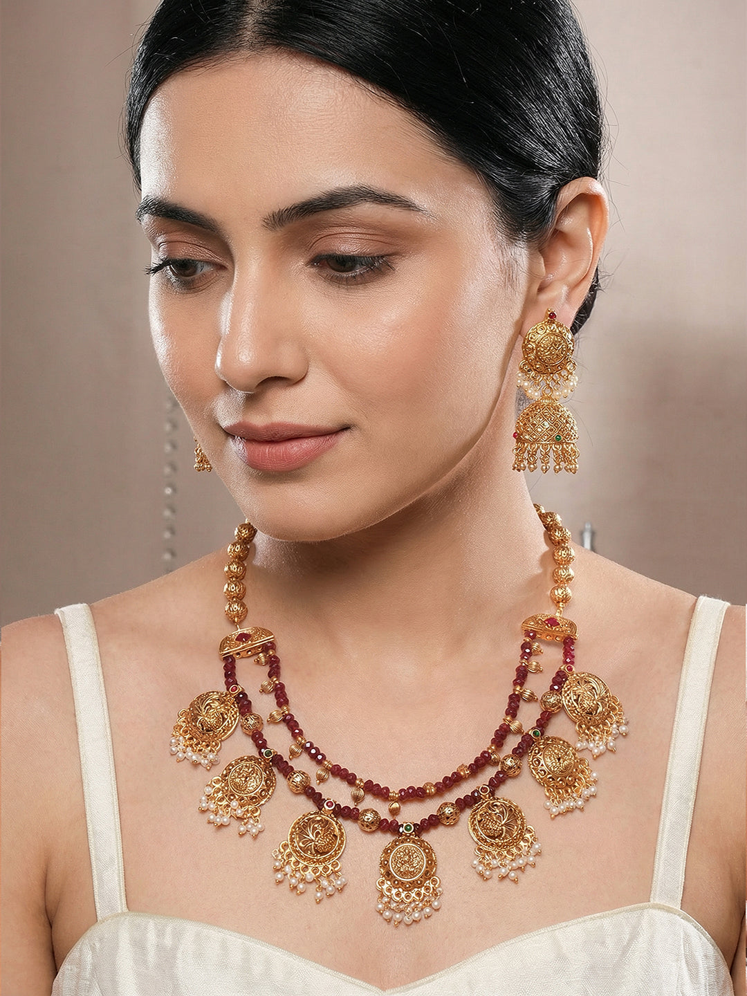 22k Gold Plated Red Beads Double Line Temple Lakshmiji Peacock Jhumka Jewellery Set