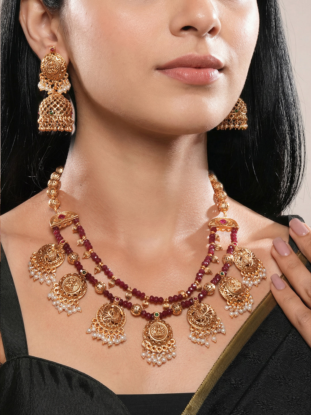 22k Gold Plated Red Beads Double Line Temple Lakshmiji Peacock Jhumka Jewellery Set