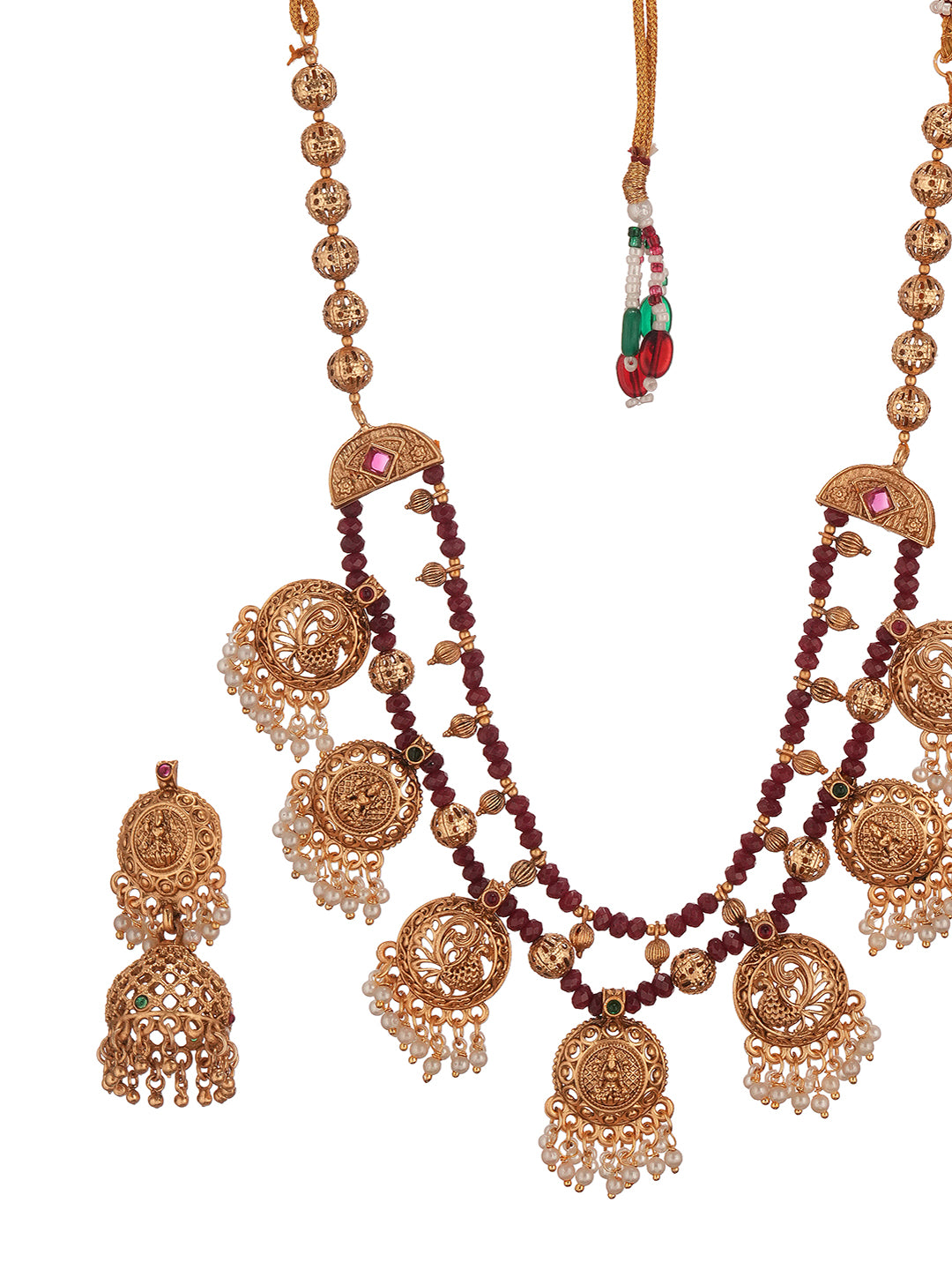 22k Gold Plated Red Beads Double Line Temple Lakshmiji Peacock Jhumka Jewellery Set
