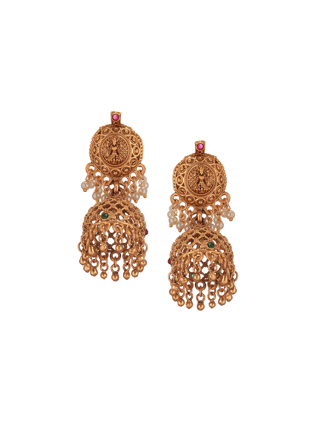 22k Gold Plated Red Beads Double Line Temple Lakshmiji Peacock Jhumka Jewellery Set