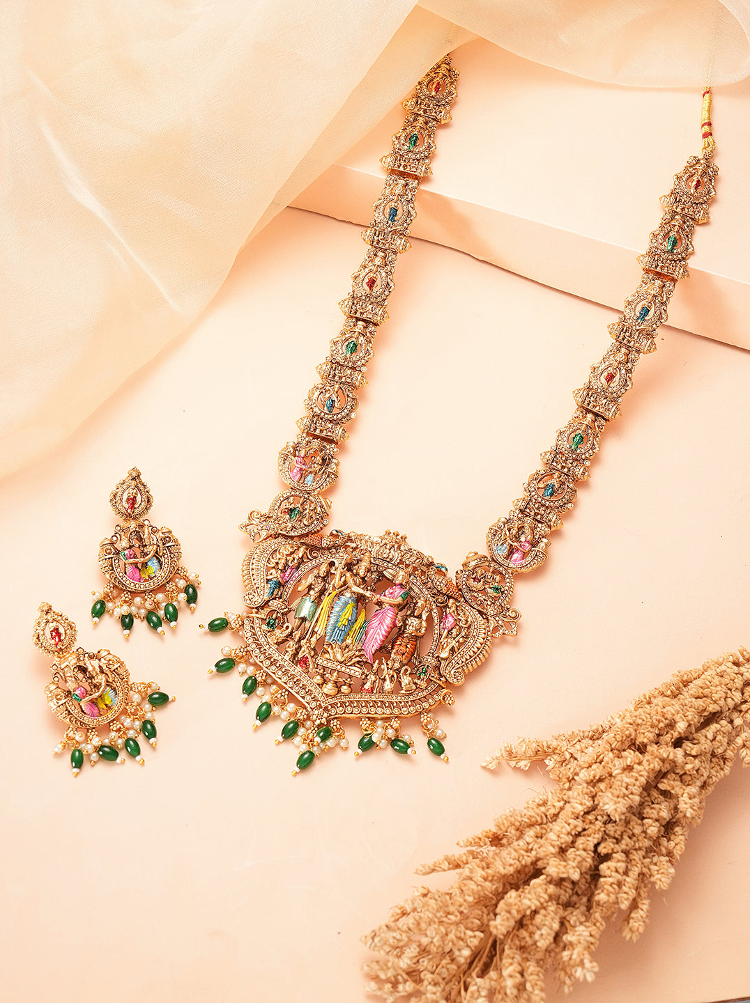 Antique gold multicolour meenakari temple long haar necklace set
