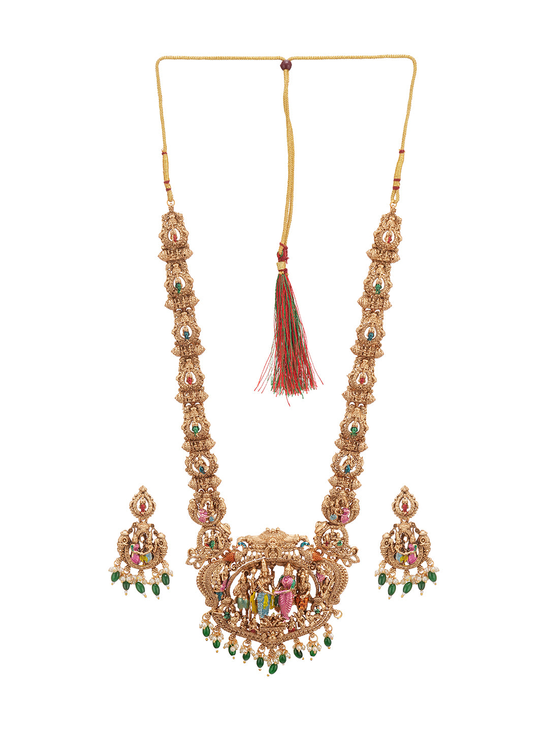 Antique Gold Plated Multicolour Meenakari Temple Long Haar Necklace Jewellery Set