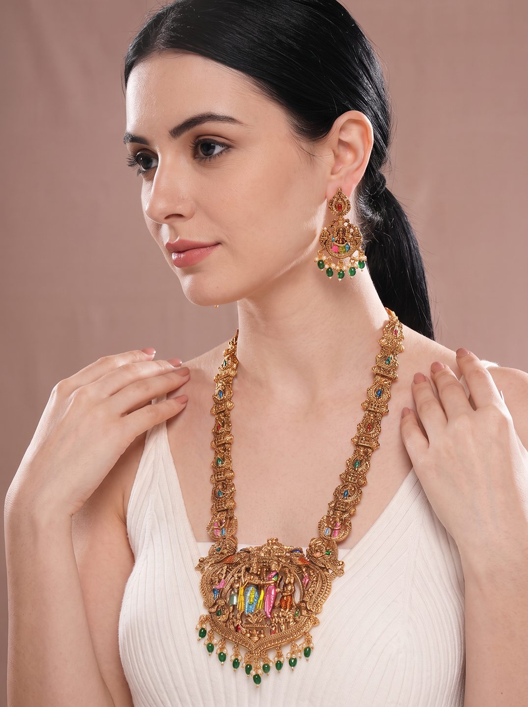 Antique Gold Plated Multicolour Meenakari Temple Long Haar Necklace Jewellery Set