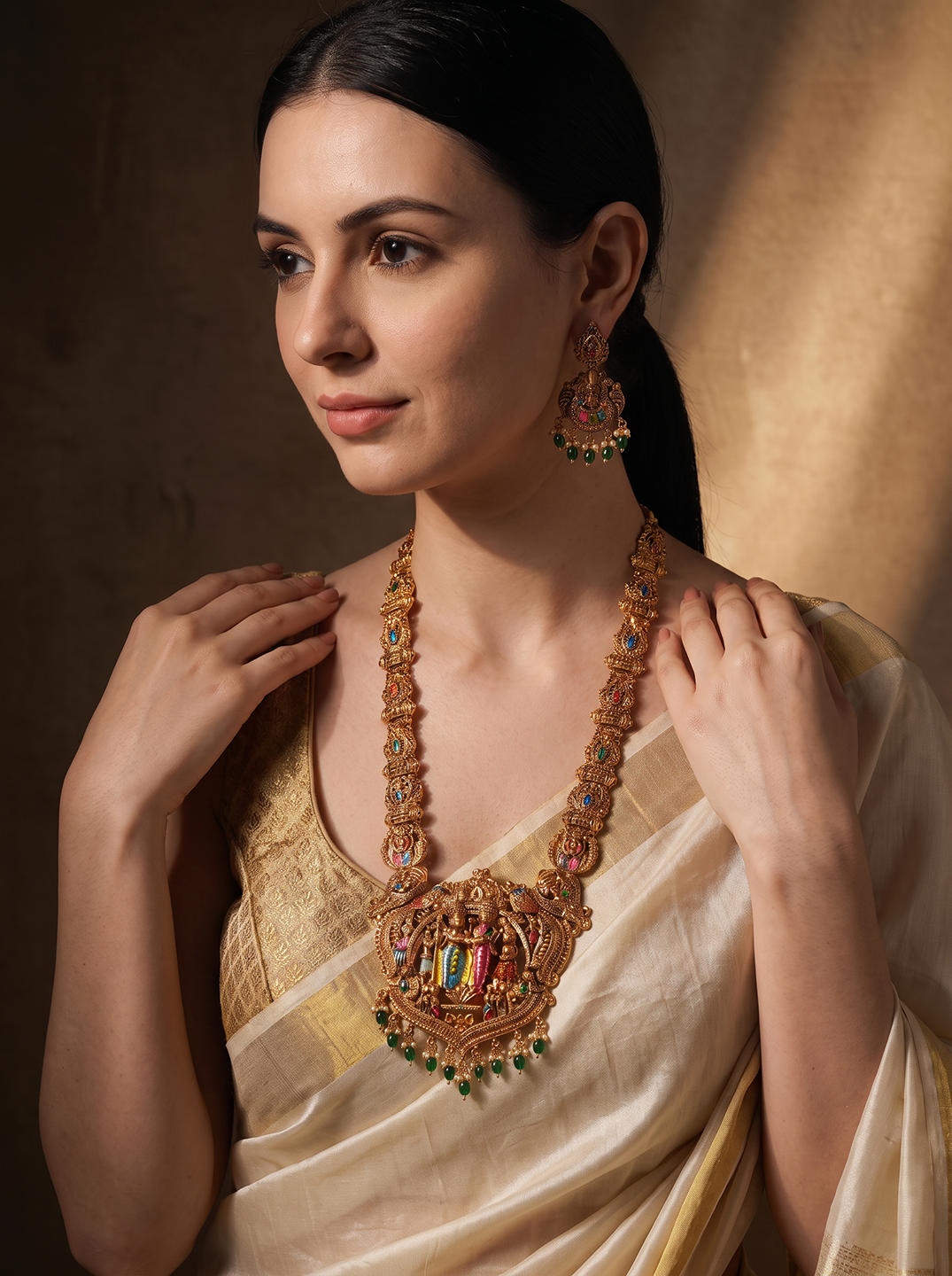 Antique Gold Plated Multicolour Meenakari Temple Long Haar Necklace Jewellery Set