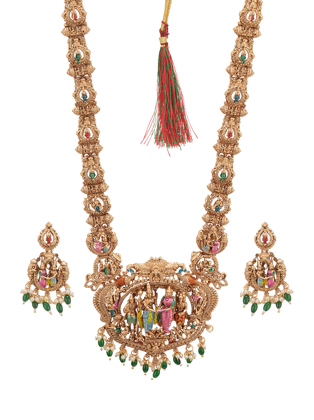 Antique Gold Plated Multicolour Meenakari Temple Long Haar Necklace Jewellery Set