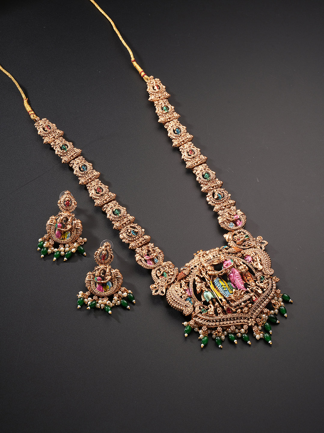 Antique Gold Plated Multicolour Meenakari Temple Long Haar Necklace Jewellery Set