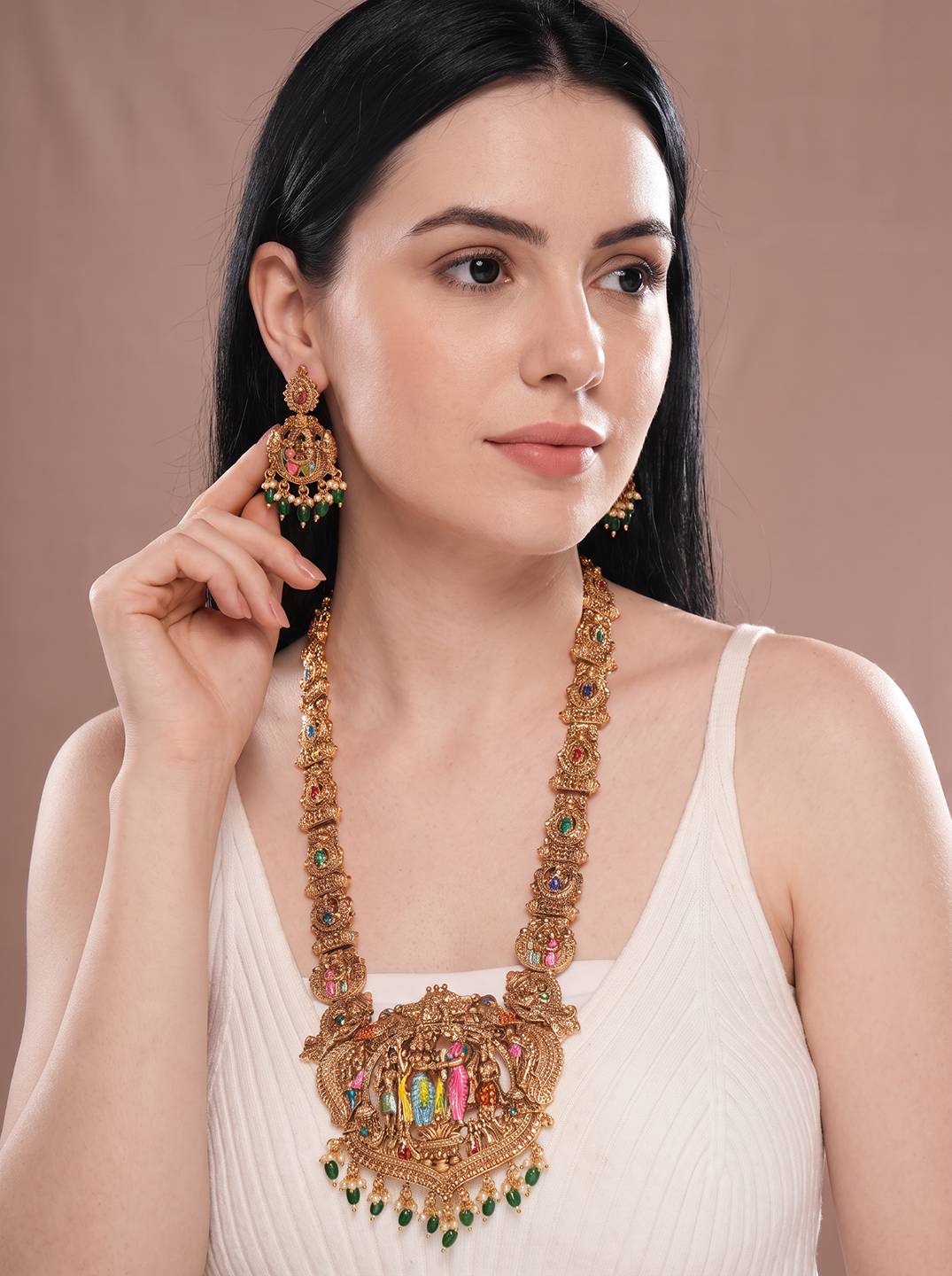 Antique Gold Plated Multicolour Meenakari Temple Long Haar Necklace Jewellery Set