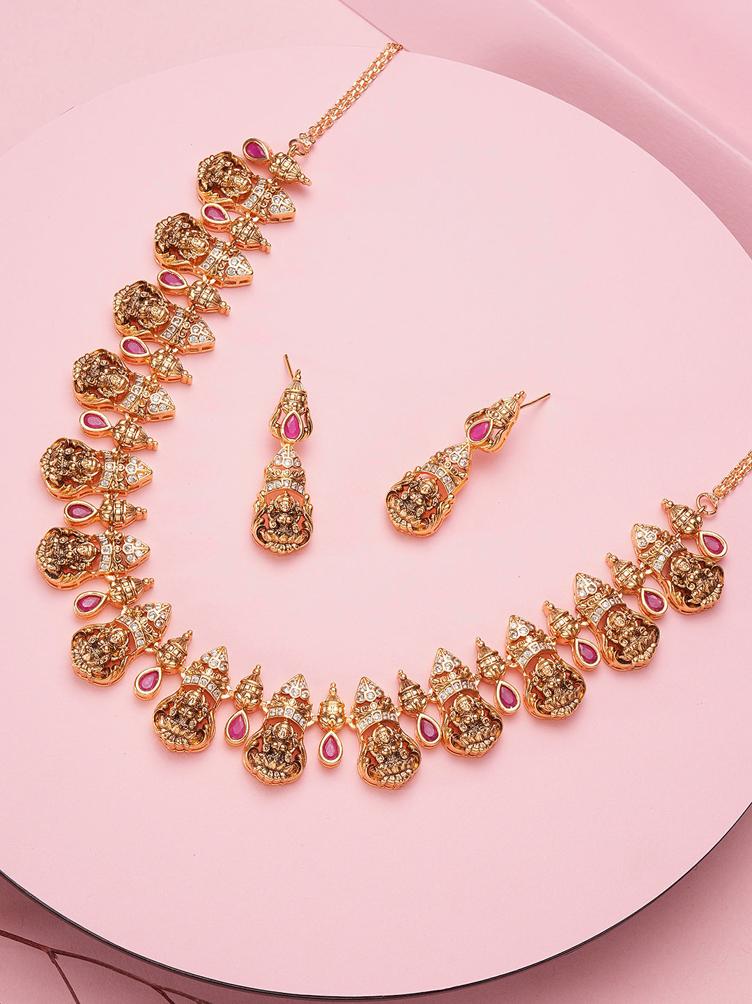 Antique gold ruby stone Lakshmi temple necklace set