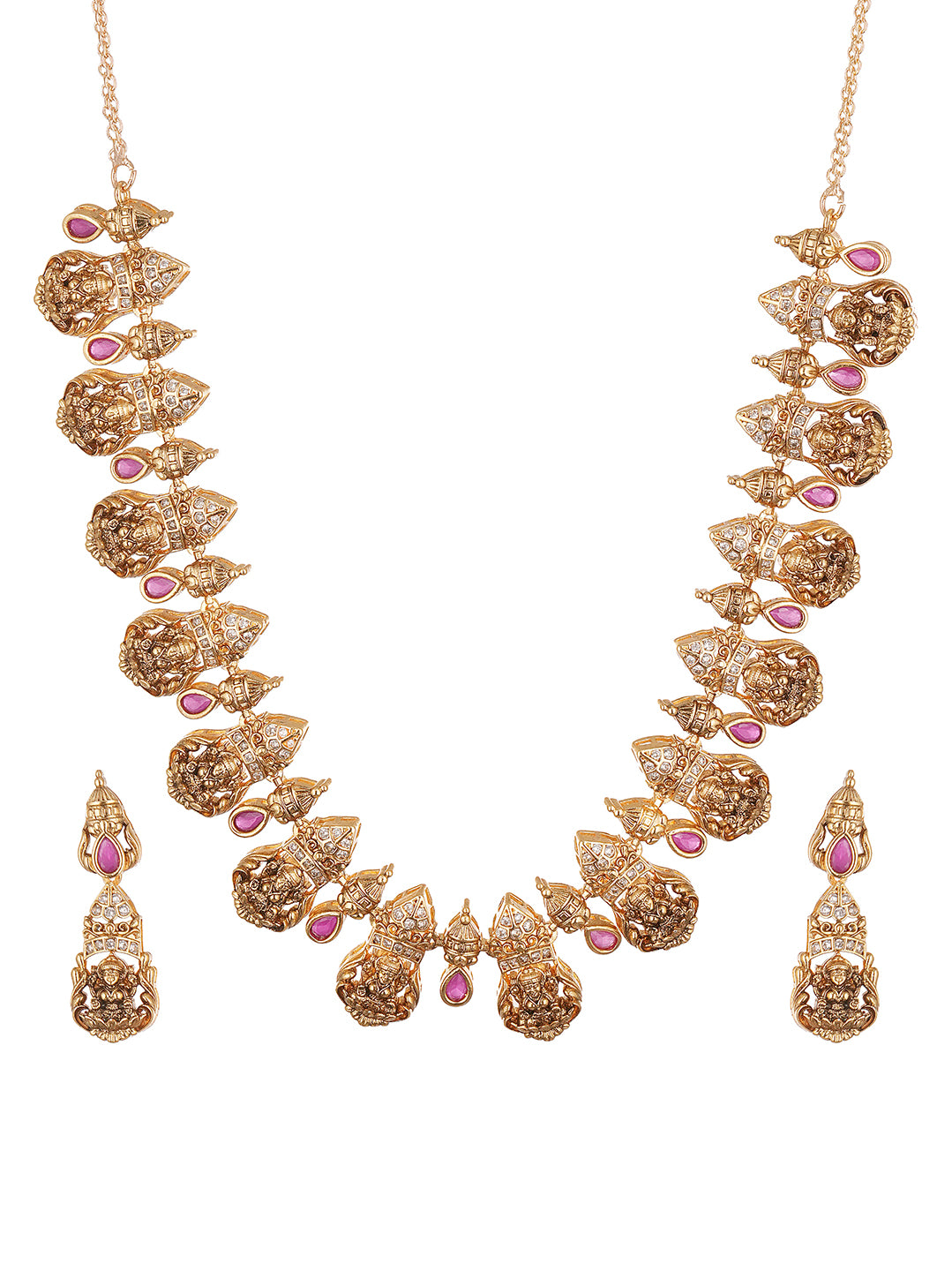 Antique Gold Plated Ruby Stone Lakshmi Temple Necklace Jewellery Set