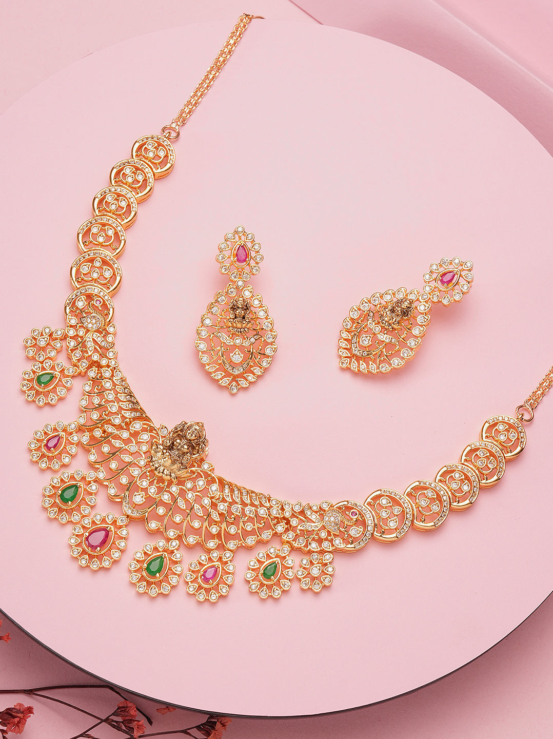 Gold plated multicolour AD Lakshmi motif statement necklace set