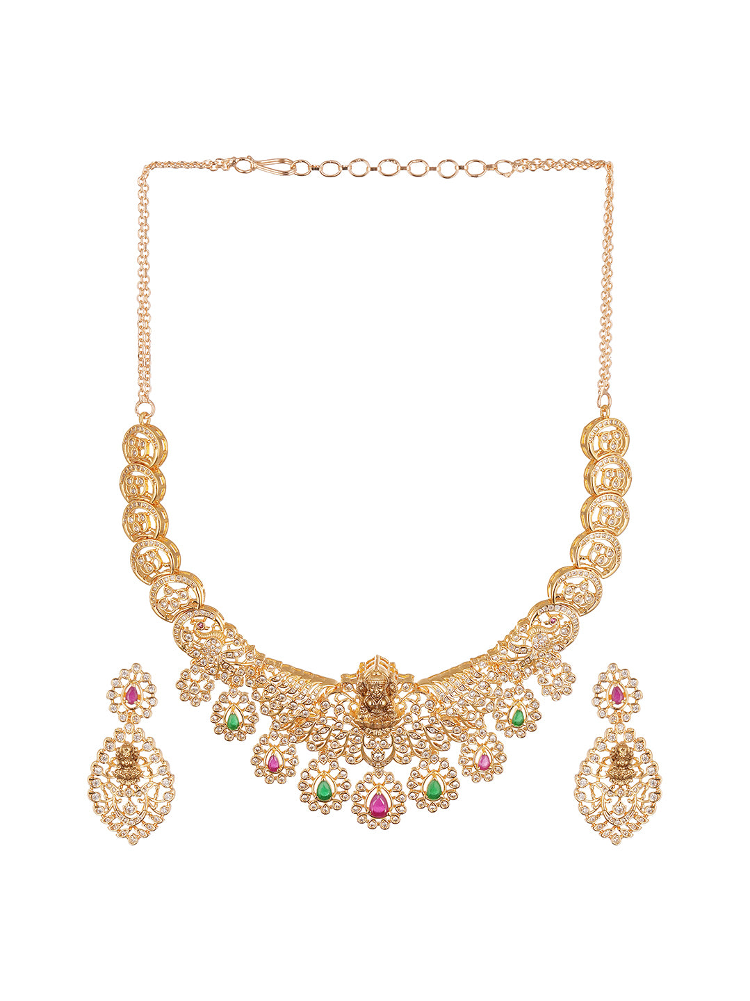 Gold Plated Multicolour AD Lakshmi Motif Statement Necklace Jewellery Set