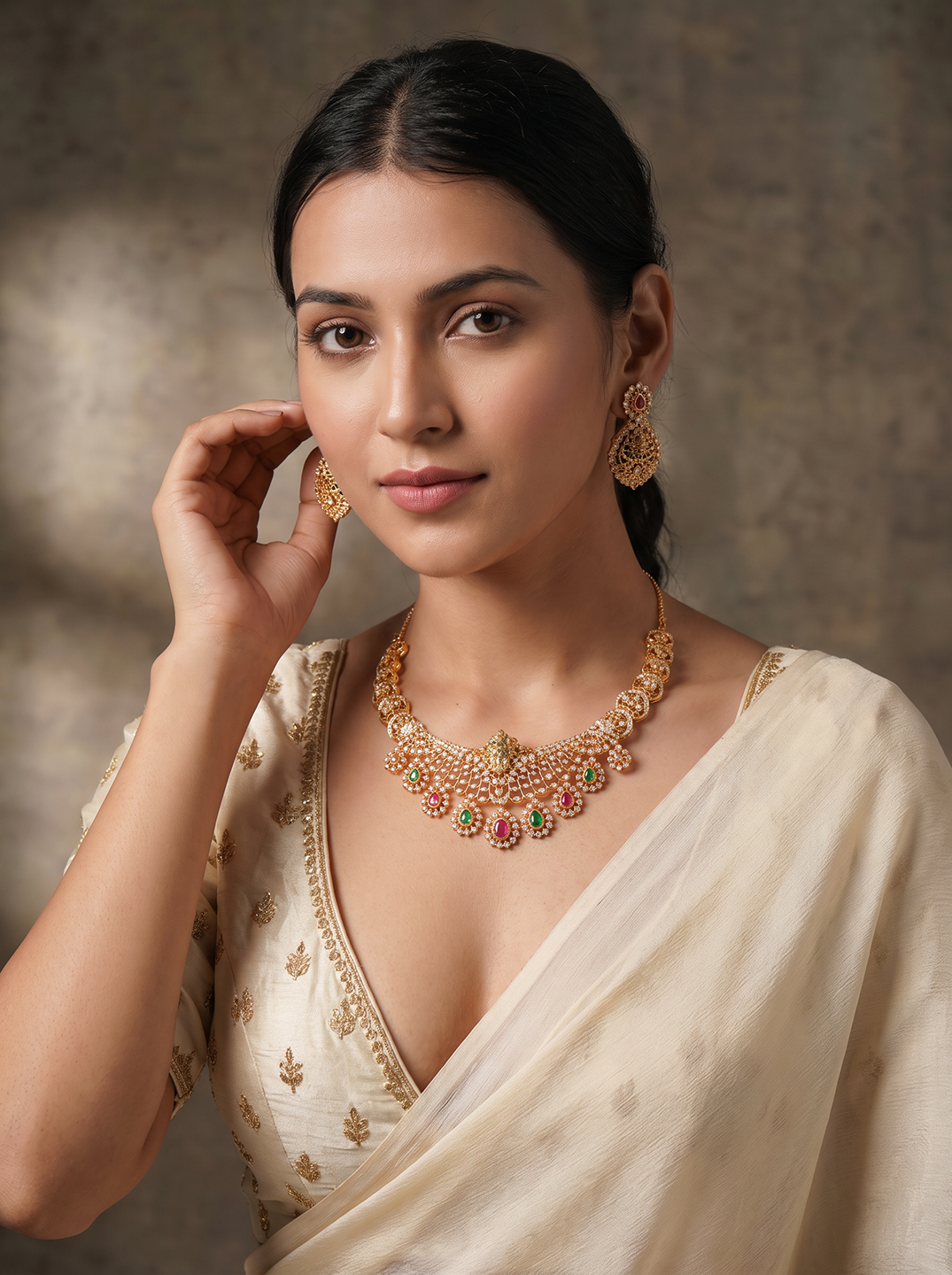 Gold Plated Multicolour AD Lakshmi Motif Statement Necklace Jewellery Set