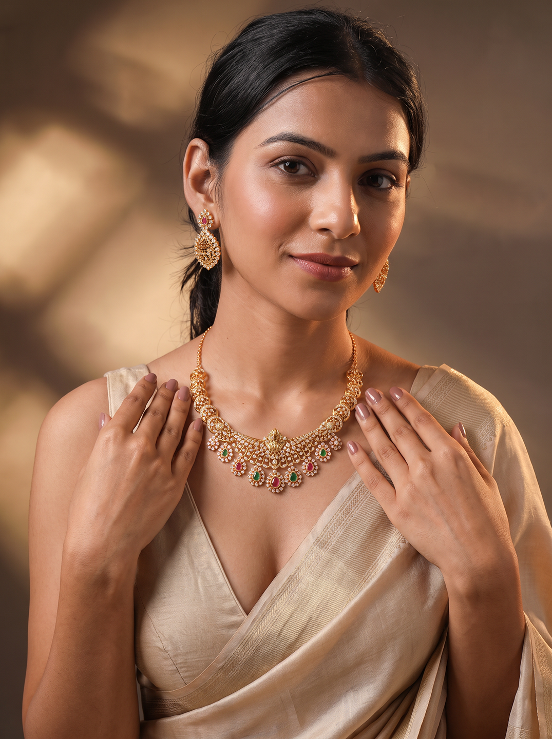 Gold Plated Multicolour AD Lakshmi Motif Statement Necklace Jewellery Set