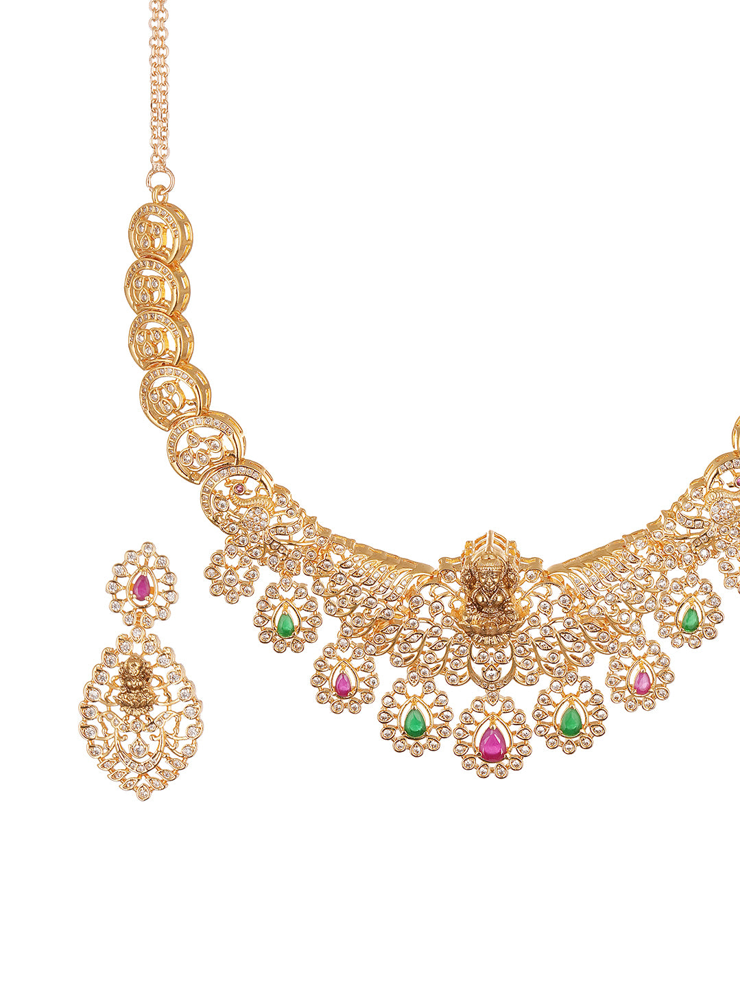 Gold Plated Multicolour AD Lakshmi Motif Statement Necklace Jewellery Set