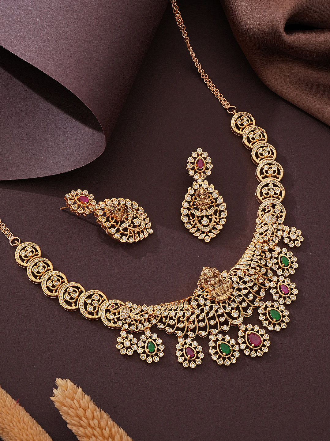 Gold Plated Multicolour AD Lakshmi Motif Statement Necklace Jewellery Set