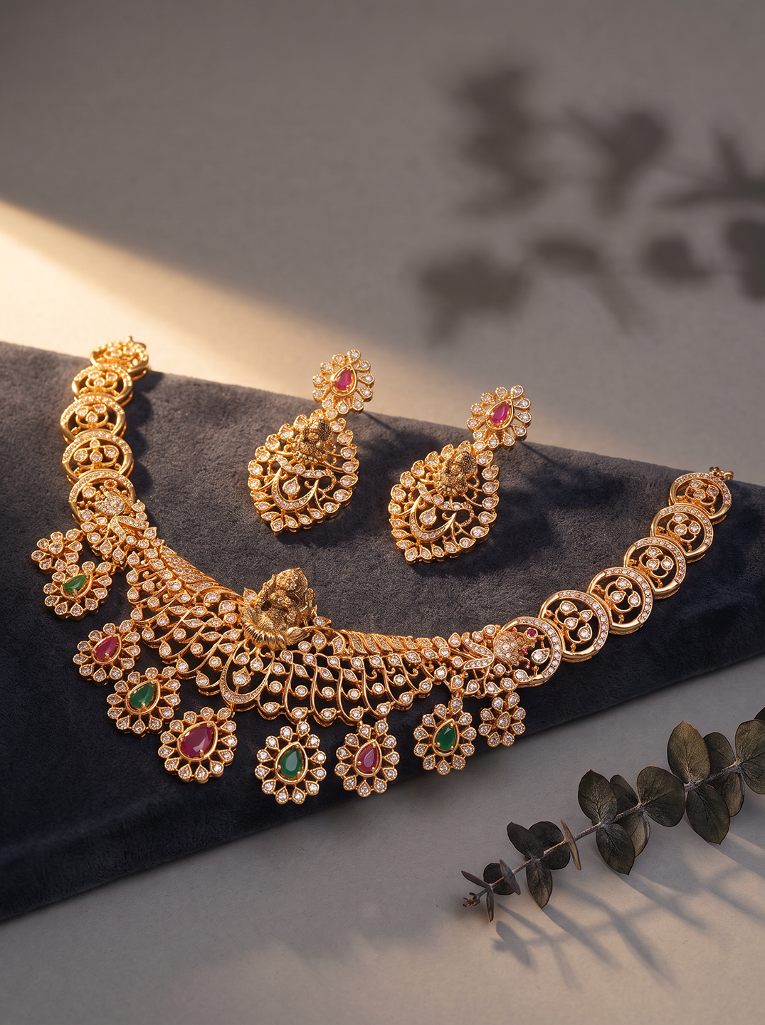 Gold Plated Multicolour AD Lakshmi Motif Statement Necklace Jewellery Set