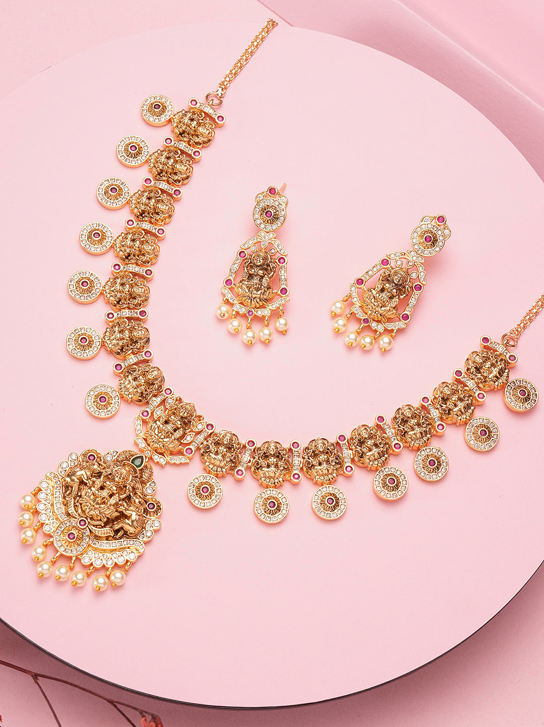 Antique gold Lakshmi coin temple necklace set with pearl drops