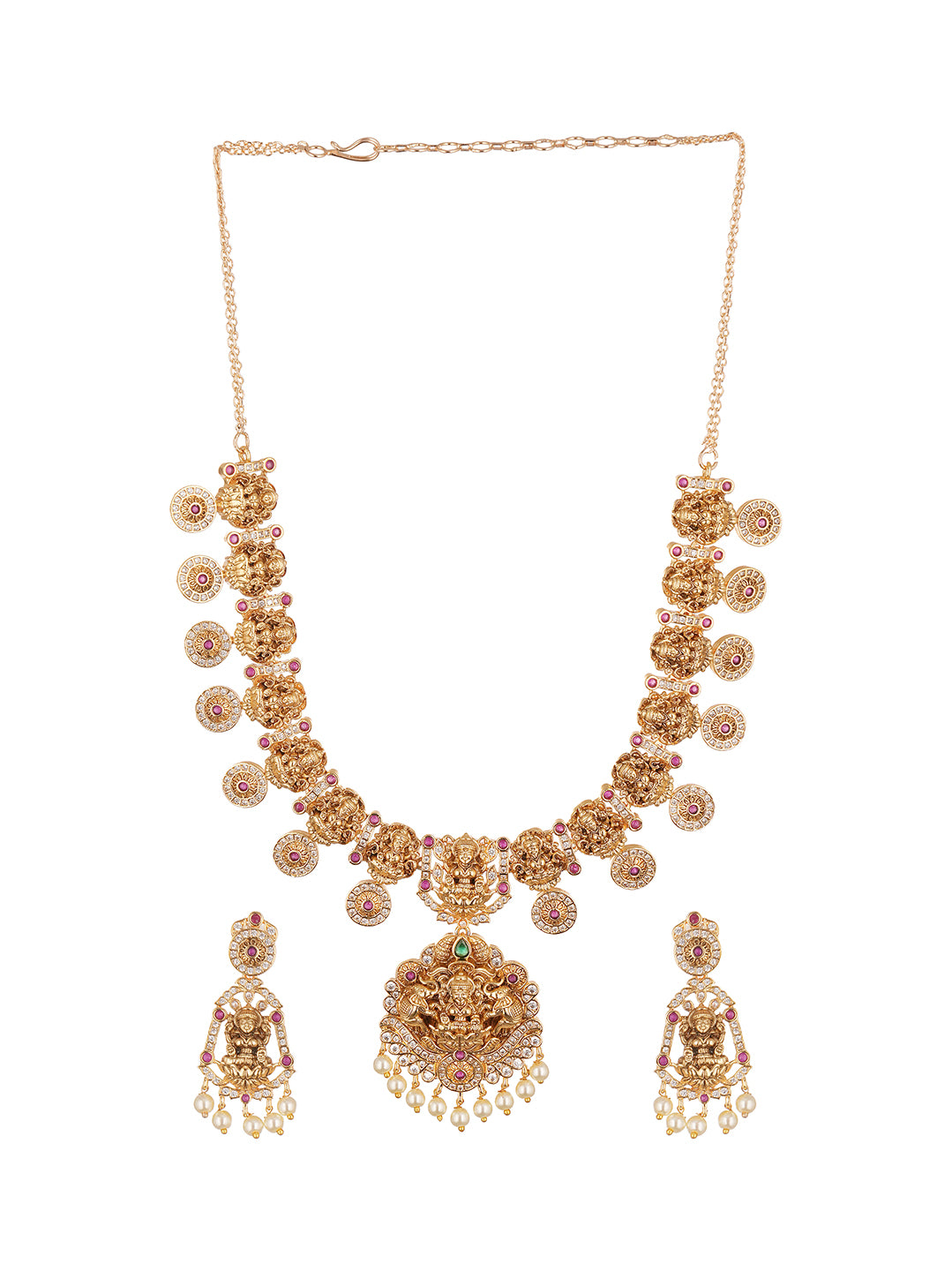 Antique Gold Plated Lakshmi Coin Temple Necklace Set with Pearl Drops