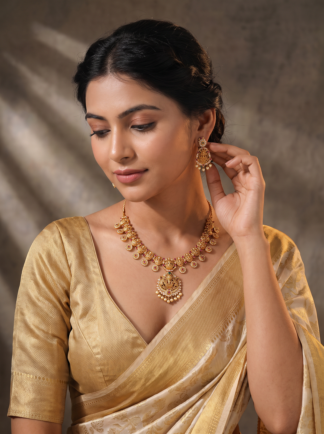 Antique Gold Plated Lakshmi Coin Temple Necklace Set with Pearl Drops