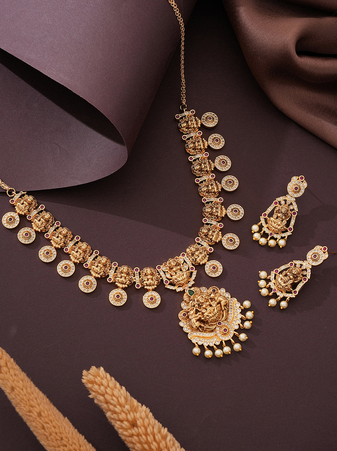 Antique Gold Plated Lakshmi Coin Temple Necklace Set with Pearl Drops