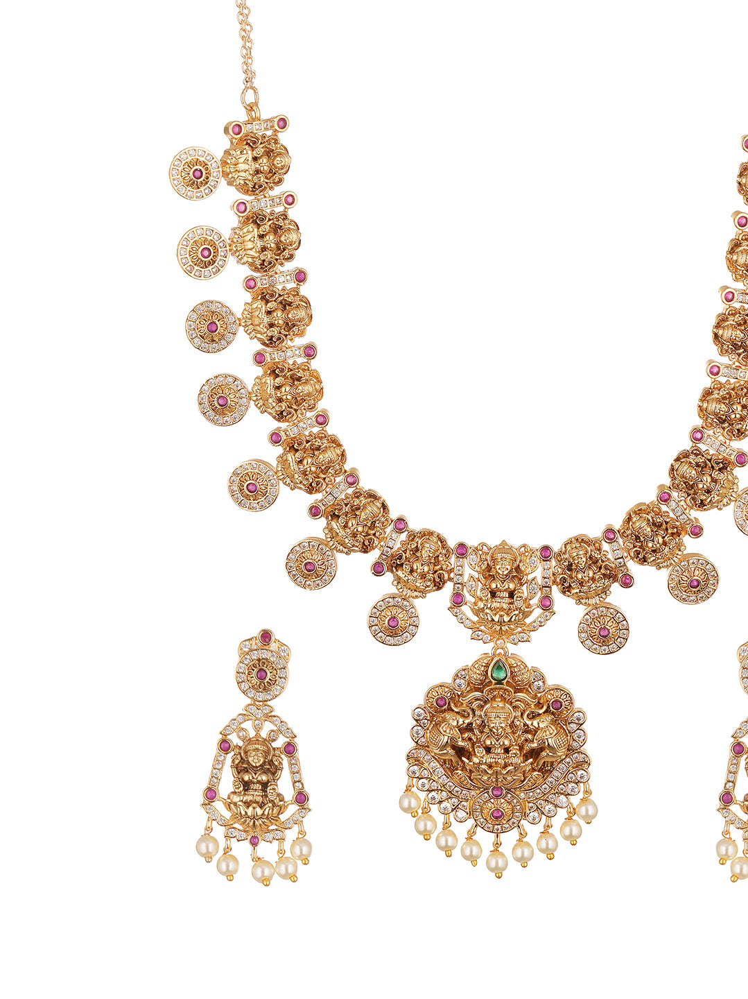 Antique Gold Plated Lakshmi Coin Temple Necklace Set with Pearl Drops