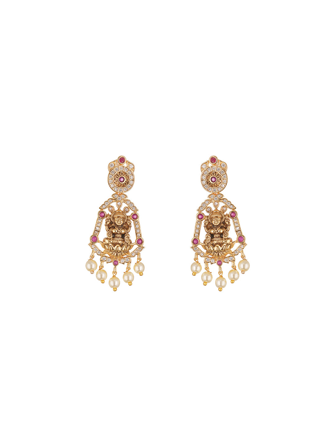 Antique Gold Plated Lakshmi Coin Temple Necklace Set with Pearl Drops