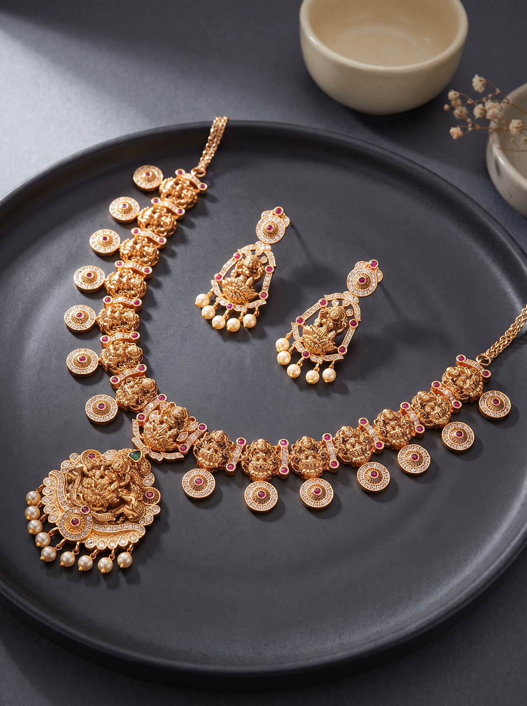 Antique Gold Plated Lakshmi Coin Temple Necklace Set with Pearl Drops