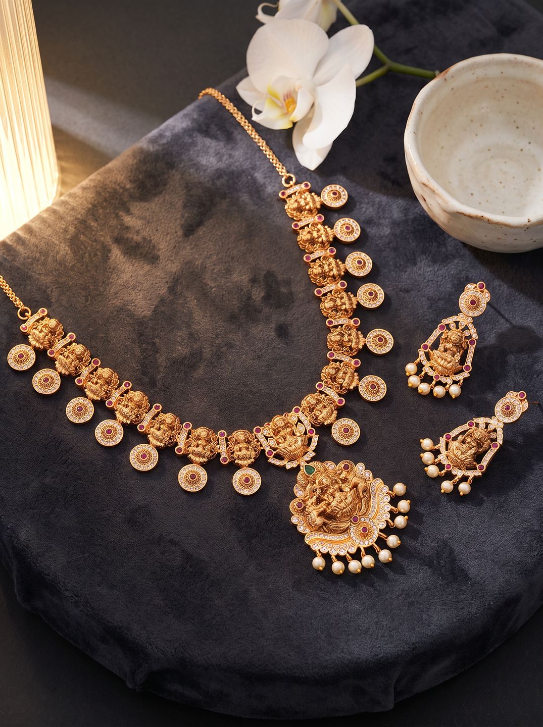 Antique Gold Plated Lakshmi Coin Temple Necklace Set with Pearl Drops