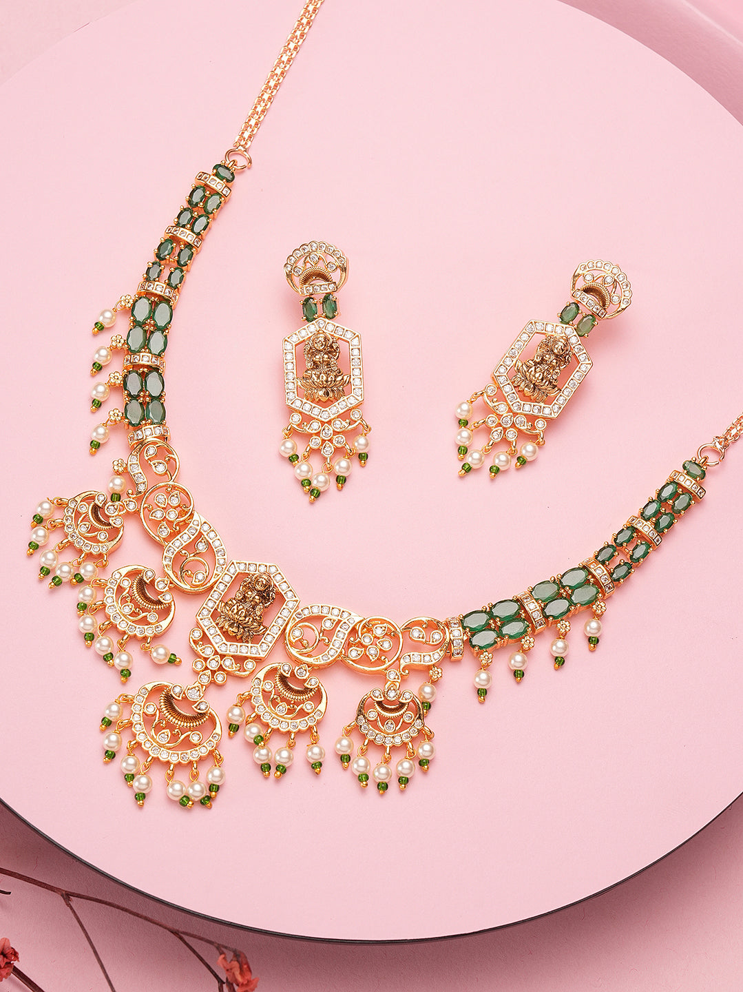 Gold plated green stone pearl drop Lakshmi temple necklace set