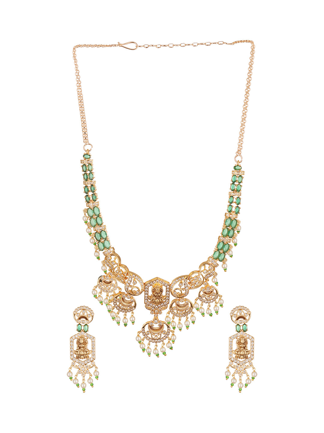 Gold Plated Green Stone Pearl Drop Lakshmi Temple Necklace Jewellery Set