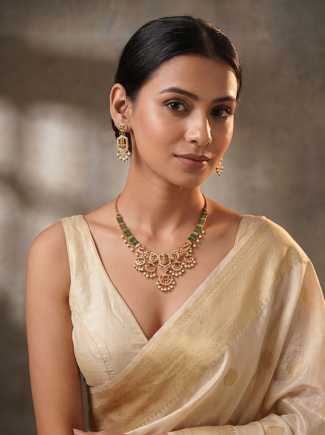 Gold Plated Green Stone Pearl Drop Lakshmi Temple Necklace Jewellery Set