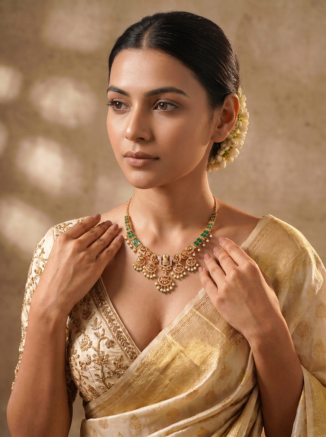 Gold Plated Green Stone Pearl Drop Lakshmi Temple Necklace Jewellery Set