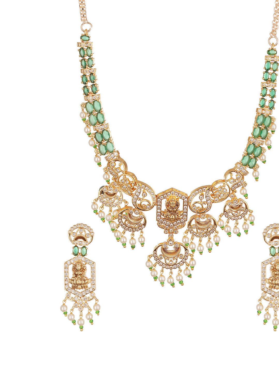 Gold Plated Green Stone Pearl Drop Lakshmi Temple Necklace Jewellery Set