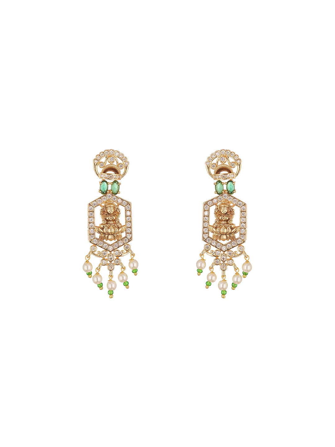 Gold Plated Green Stone Pearl Drop Lakshmi Temple Necklace Jewellery Set