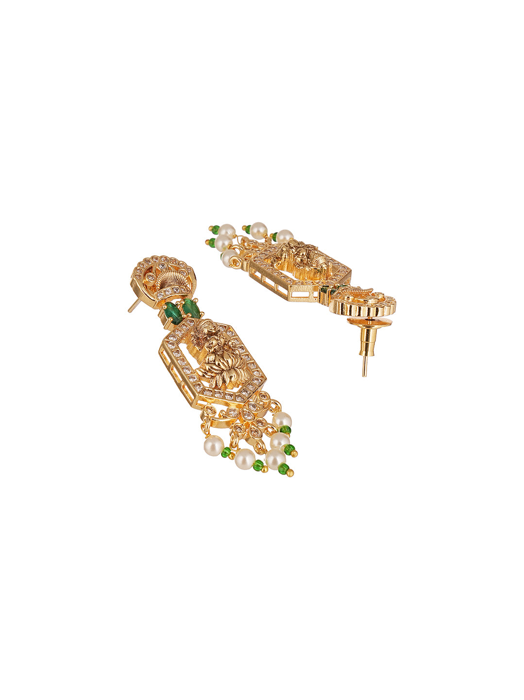 Gold Plated Green Stone Pearl Drop Lakshmi Temple Necklace Jewellery Set
