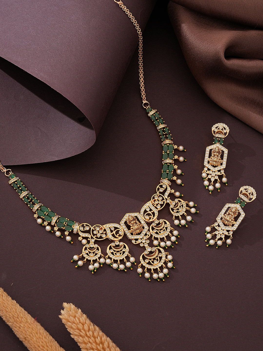 Gold Plated Green Stone Pearl Drop Lakshmi Temple Necklace Jewellery Set