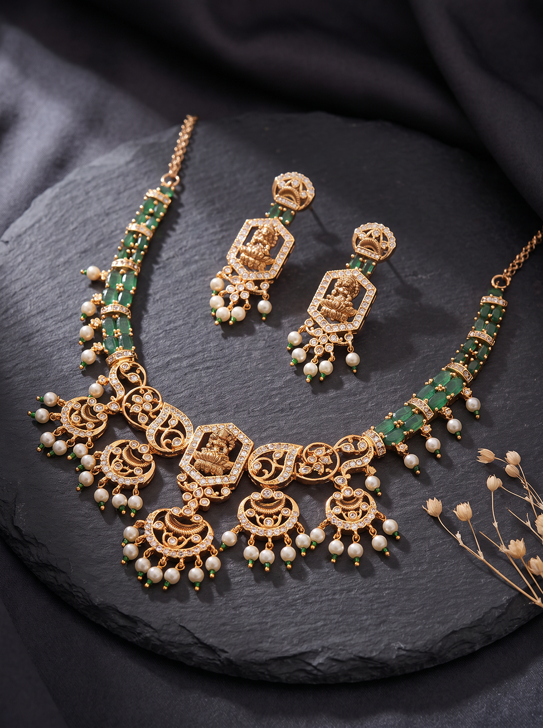 Gold Plated Green Stone Pearl Drop Lakshmi Temple Necklace Jewellery Set