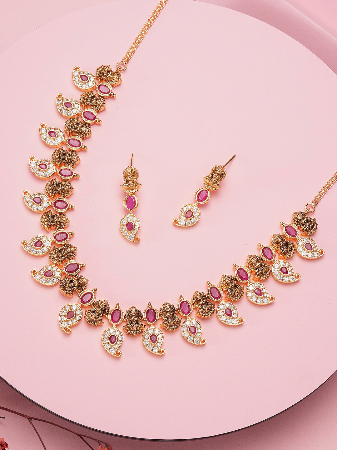 Antique gold pink stone mango temple necklace set