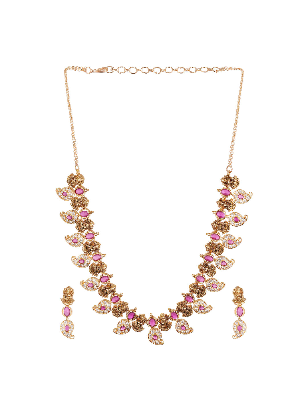 Antique Gold Plated Pink Stone Mango Temple Necklace Jewellery Set